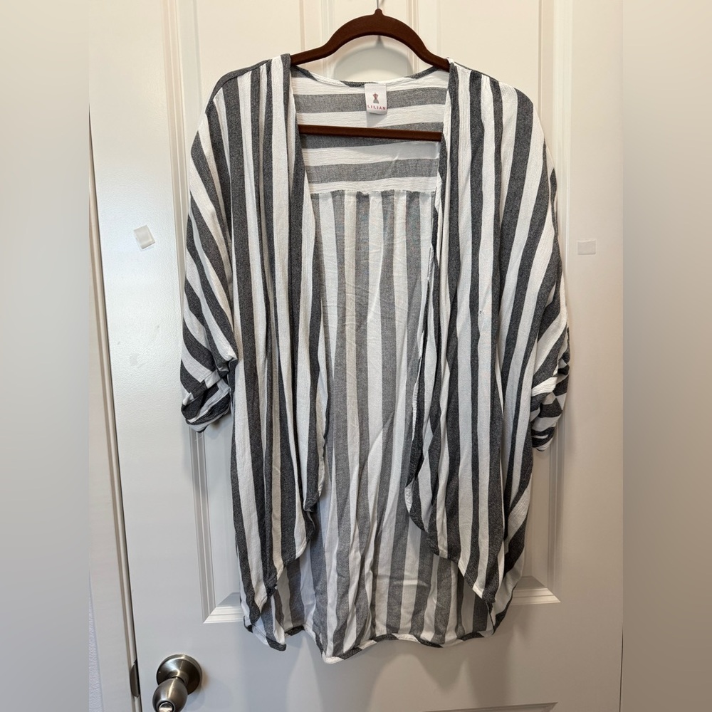 Striped Dark Grey and White Open Cardigan